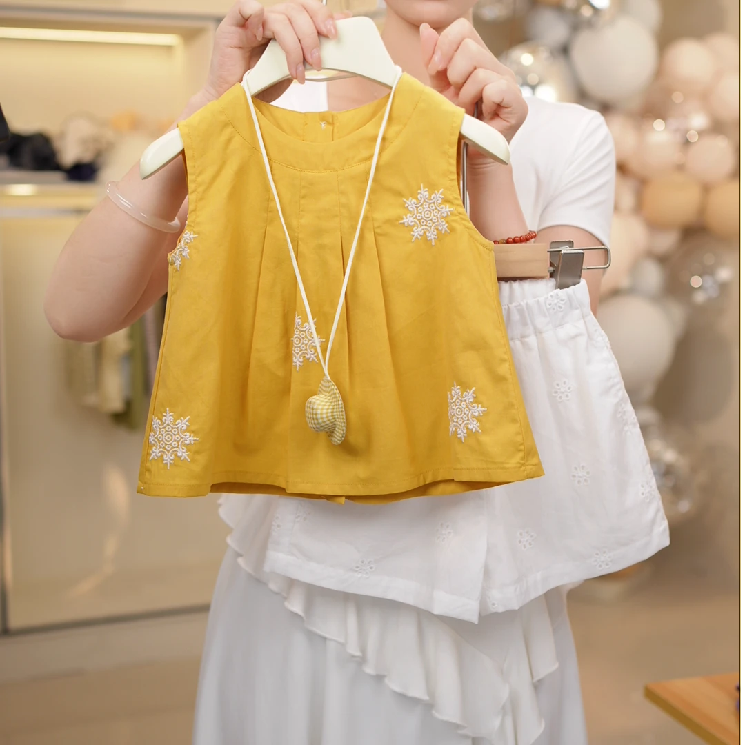 女童洋气无袖刺绣蝴蝶结时尚百搭套装2025新款韩系时髦两件套夏装