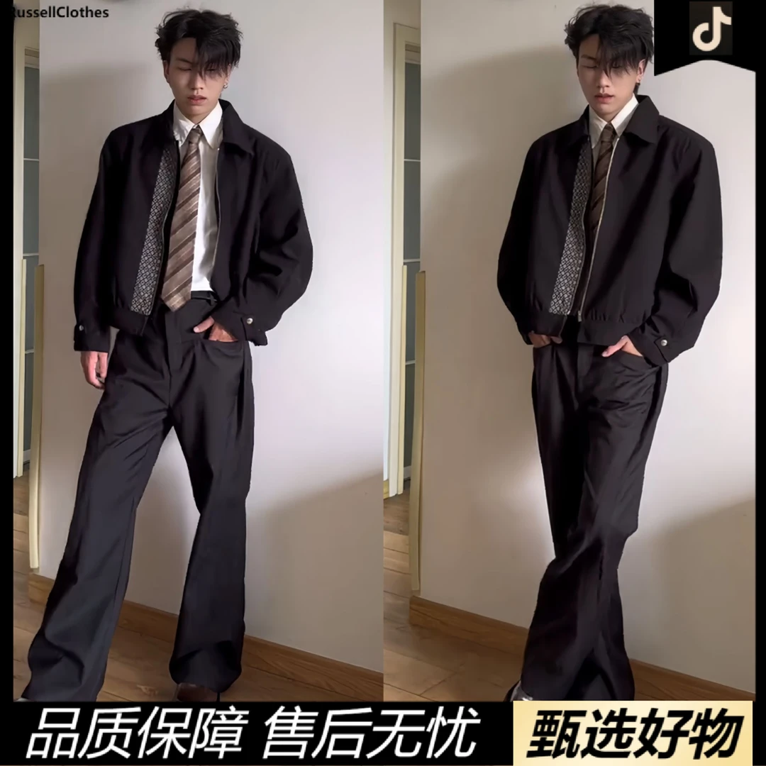 秋冬新款美式复古垫肩翻领短款夹克简约休闲时尚百搭Cleanfit外套