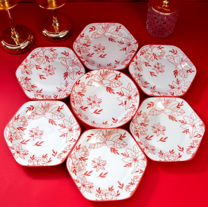 8.5英寸新年高定款玫瑰六角盘6个+8英寸汤碗1个 破损联系客服