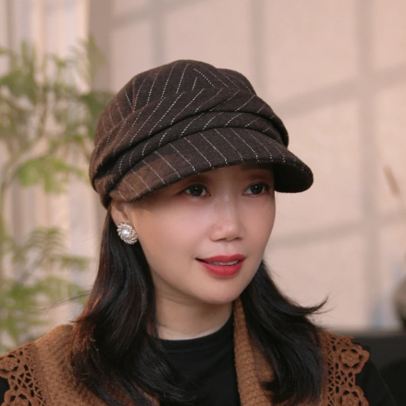 春秋季新款鸭舌帽英伦复古风条纹时尚百搭保暖防风画家帽显脸小女