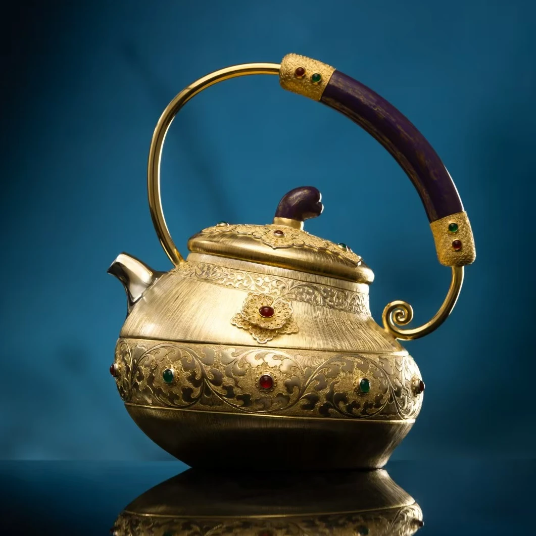 DZ0009 呆坐 | 錾刻掐丝嵌百宝如意金豆豆煮水银壶 容量：600ML