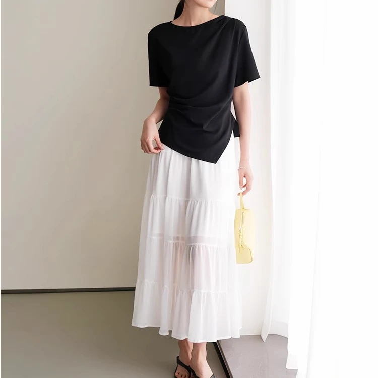 全精品／小蛮腰！软弹垂顺不对称褶皱收腰T恤女2025夏