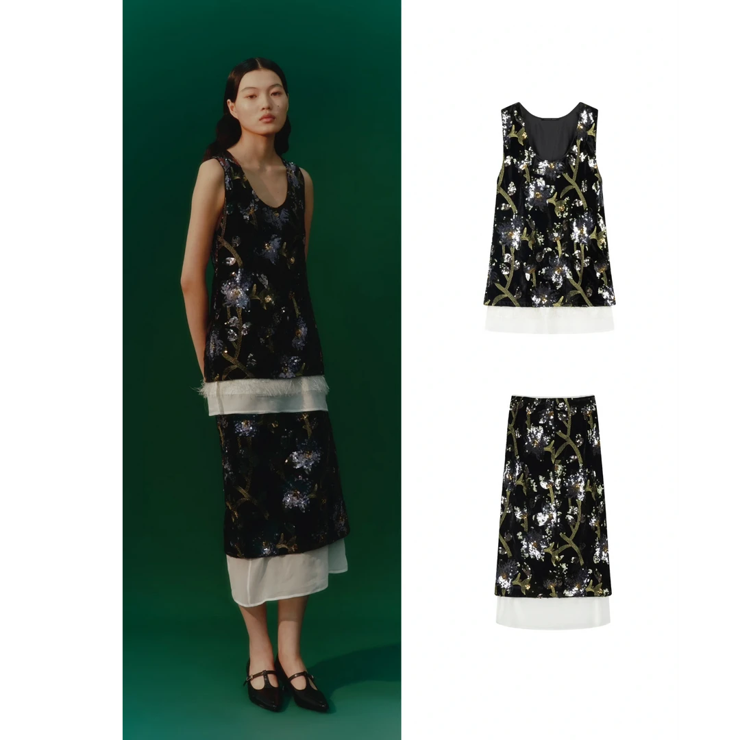 以类设计师品牌RODERIC WONG珠片镶饰半裙时尚高级感36793