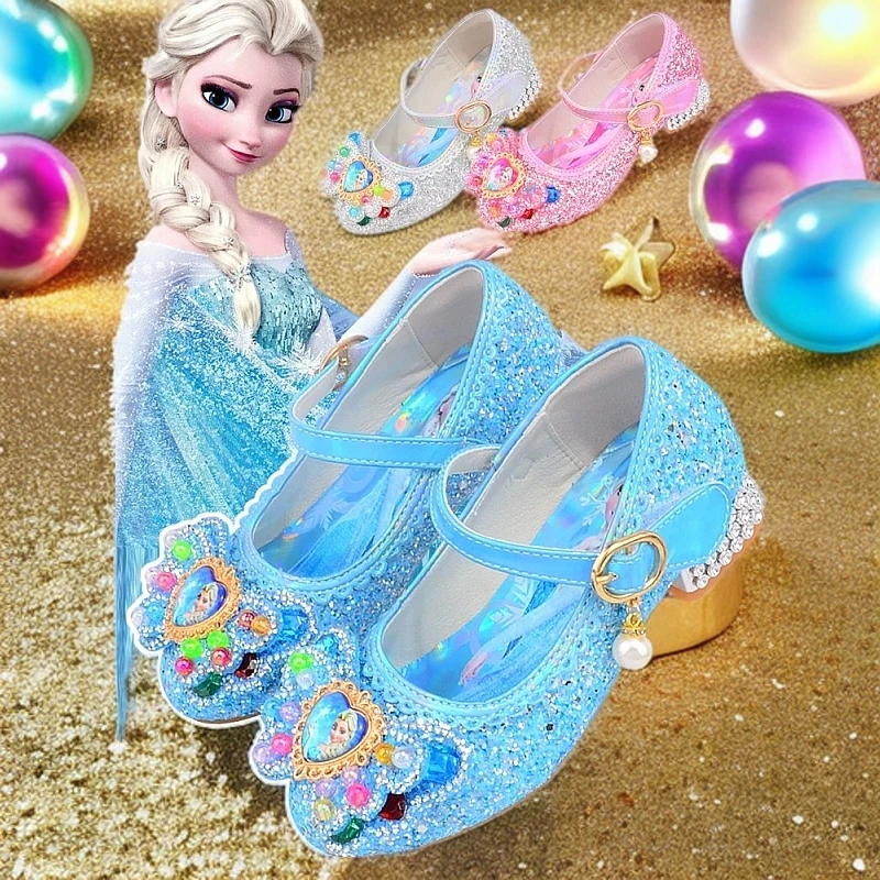 艾莎公主水晶鞋儿童软底亮片艾莎公主水晶鞋爆款女童高跟单鞋3-12