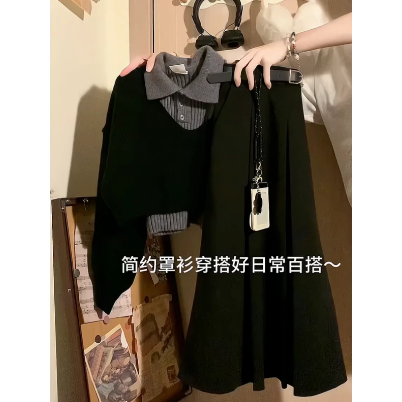 【现货】秋季一整套穿搭女2025新款时尚短款毛衣百搭百褶半身裙套装