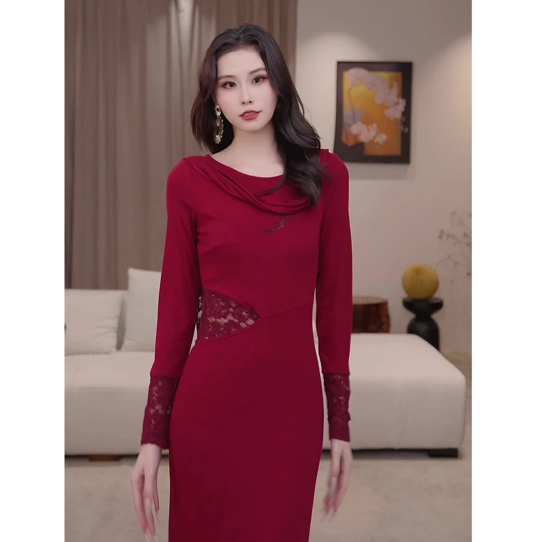 【安安】红色腰精 贵气高级感轻奢法式露肩秋季长款连衣裙-SW0749