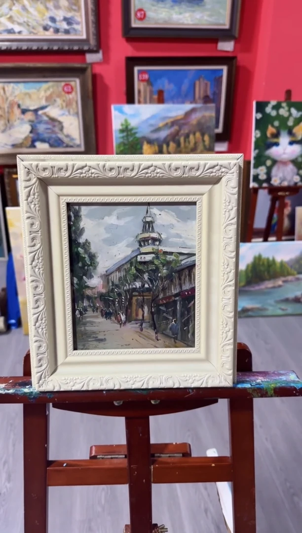 油画俄罗斯手绘油画作品《街景  》25x28cm 带外框