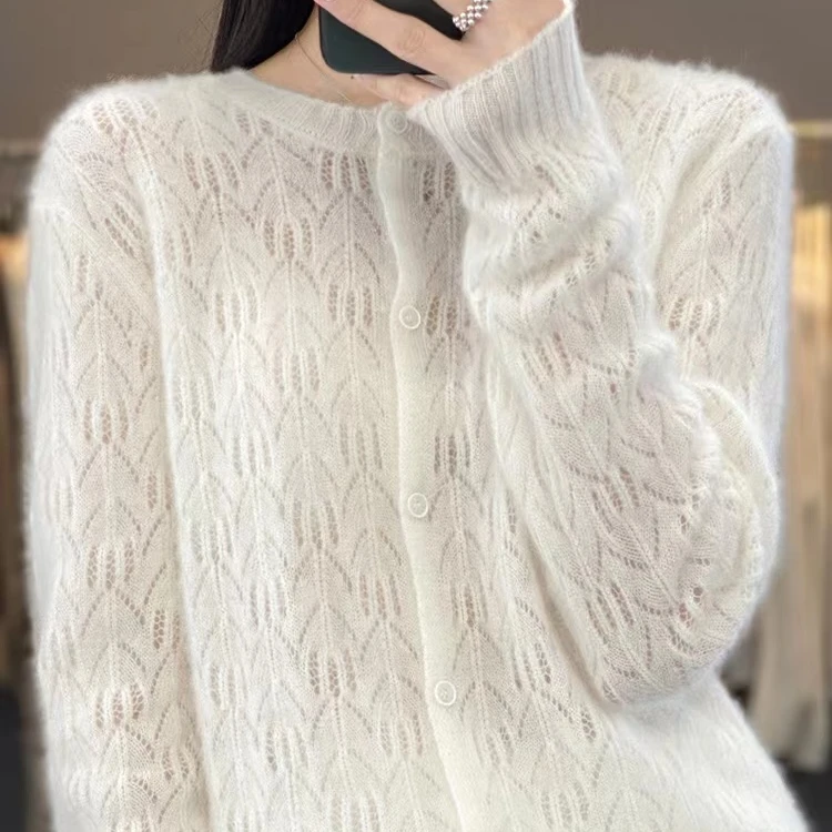 纯羊毛一线成衣镂空长袖开衫女款上衣D180