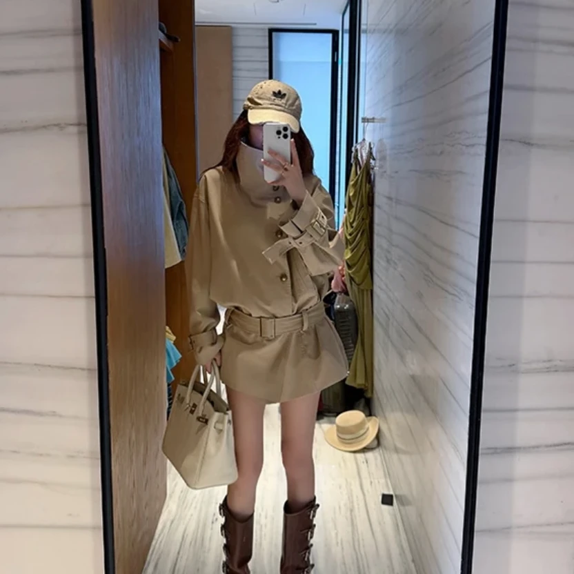 LOSA ROSA短款风衣小个子卡其色立领春秋收腰宽松英伦风廓形外套