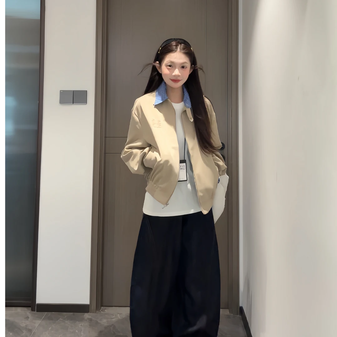 美式复古格子拼接纯色情侣外套潮牌上衣春秋百搭时尚工装夹克