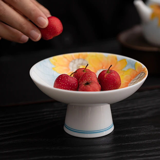 向日葵白瓷甜白釉手绘釉下彩陶瓷茶具单个高脚果盘（尺寸12*6.5CM）