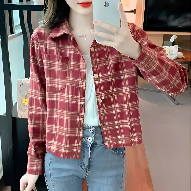 复古秋冬磨毛加绒短款短外套春秋季宽松显瘦衬衫女款外穿新款格子