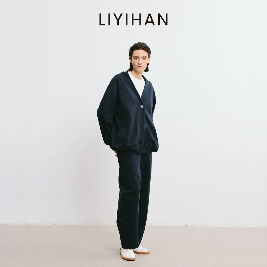LIYIHAN 2025秋新款棉质连帽V领藏蓝色女卫衣外套套装小众设计感