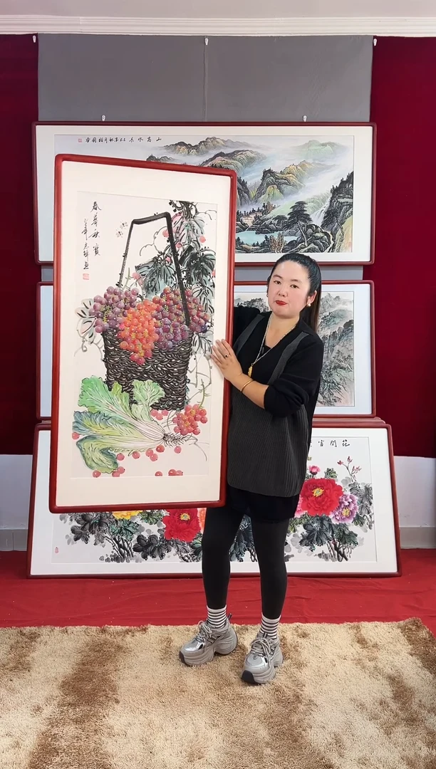 国画手绘葡萄123*63尺寸