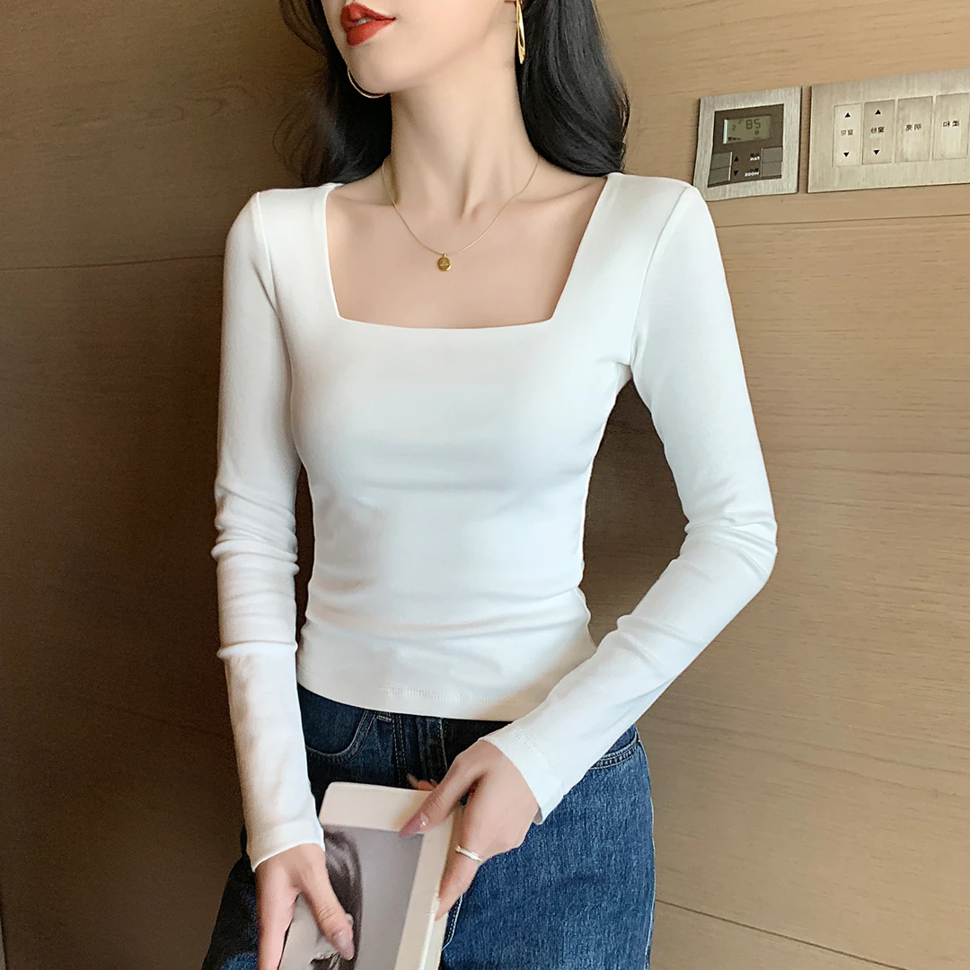 方领长袖T恤女打底衫秋季女装2025新款简约正肩修身显瘦内搭女