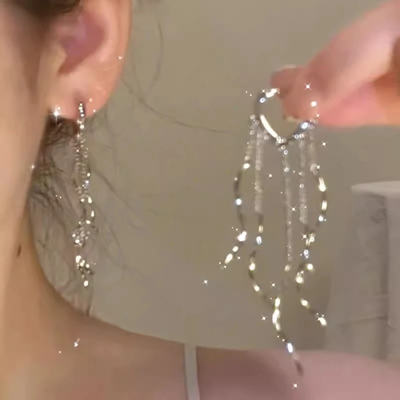 铜合金耳饰 银色线条流苏耳环女高级感轻奢小众气质耳钉耳扣耳饰