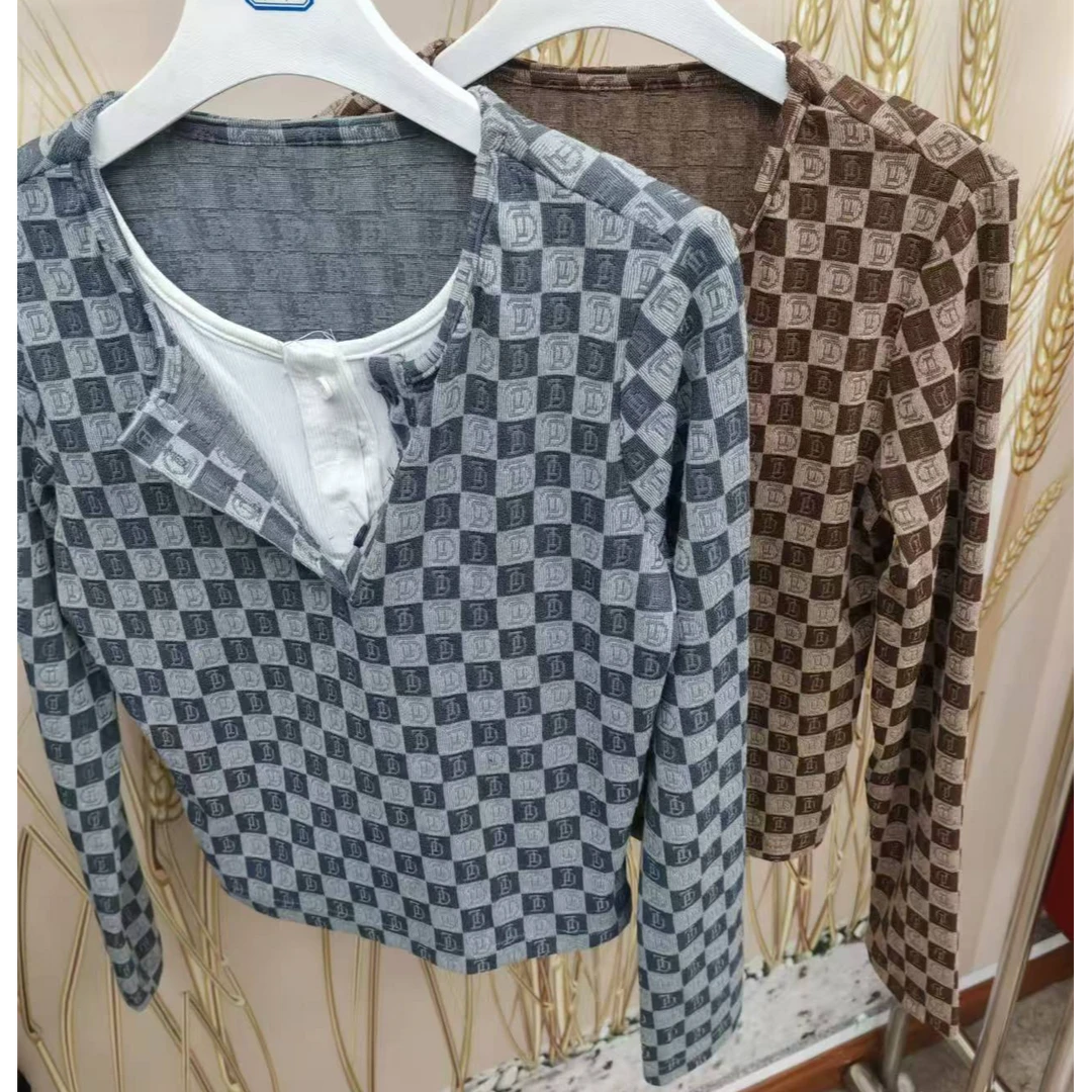 1366#假两件长袖T恤女秋季2024新正肩设计感小众打底（约48）