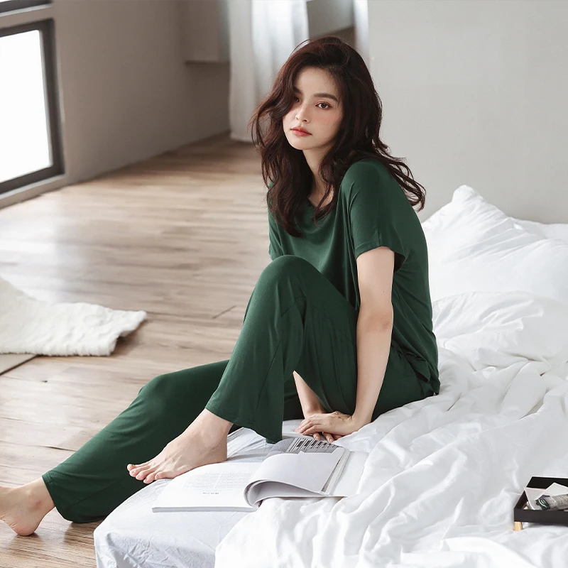 睡衣女夏季夏款短袖长裤阔腿简约纯色薄款高级感家居服凉感可外穿