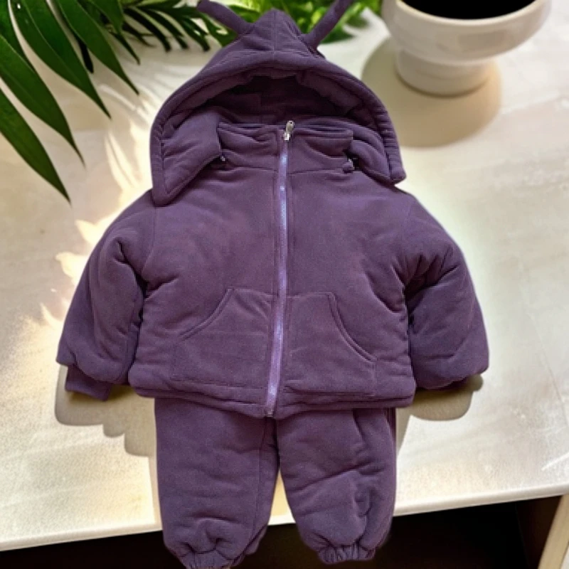 冬季简约套头中性套装冬装紫色保暖休闲加绒女童家居服