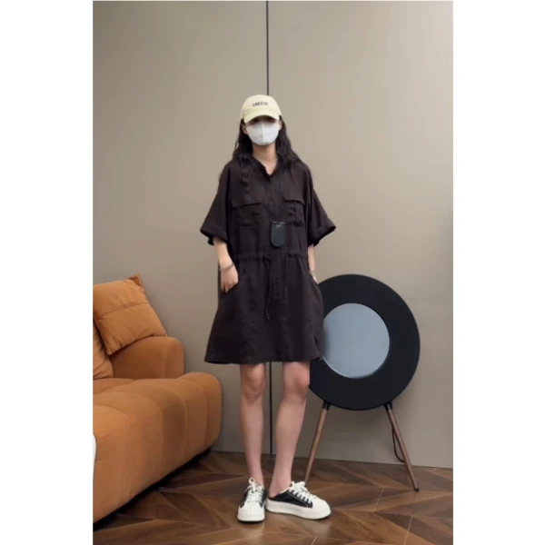 亚麻连衣裙显瘦宽松休闲中长款裙子夏季小众时尚短袖 21795