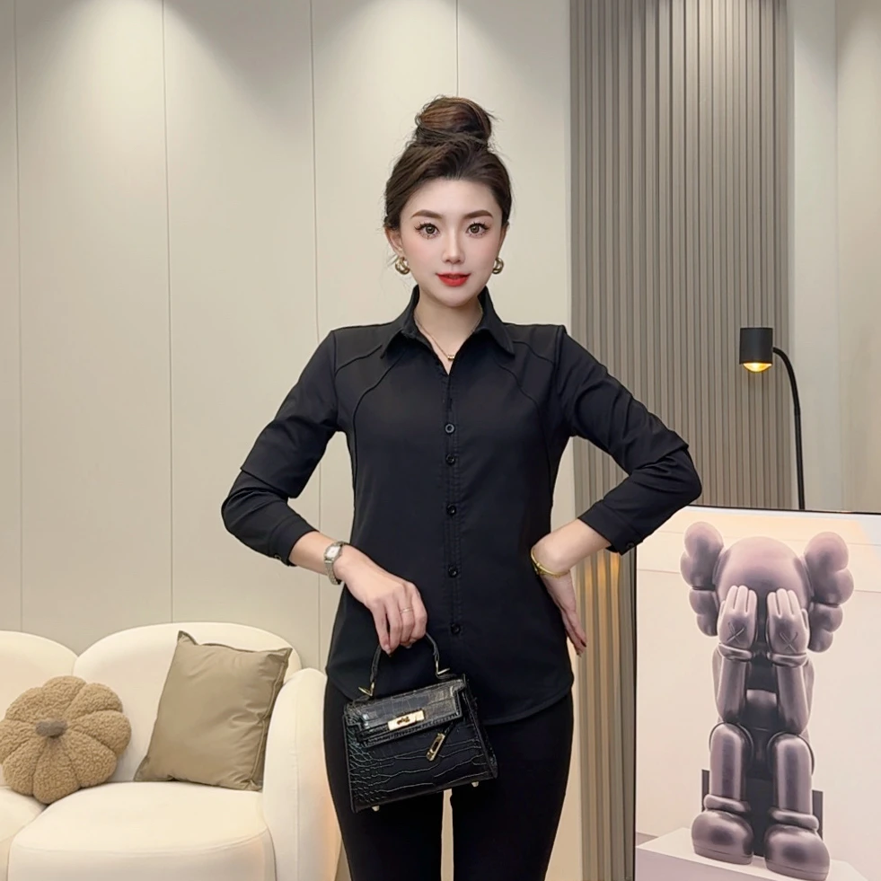 【加绒保暖】德绒纯色打底衬衣衬衫加绒秋季纯色衬衣设计感显瘦6073