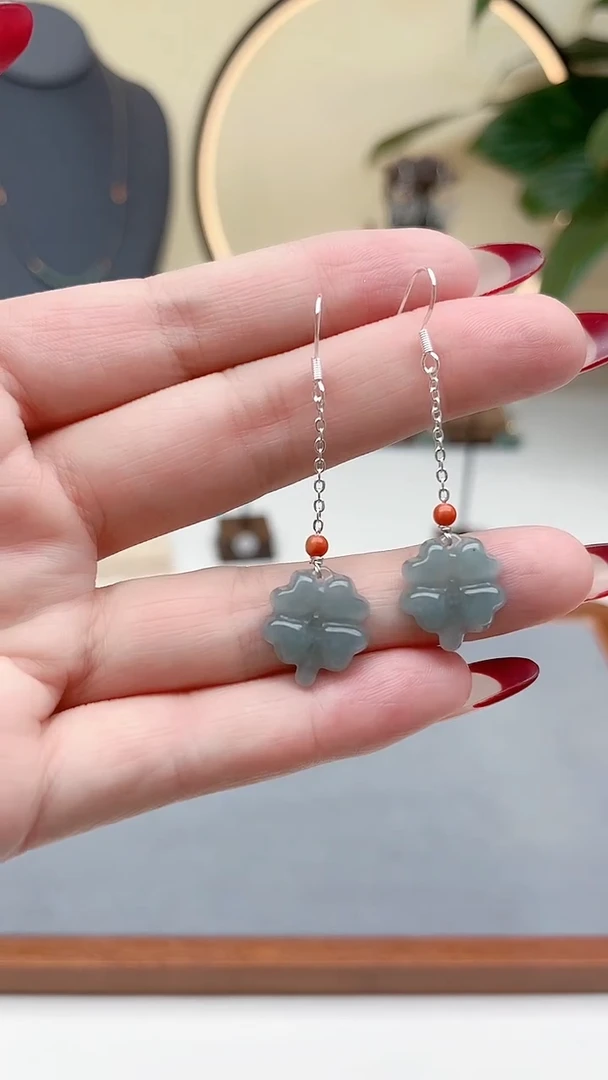 银S925镶嵌翡翠耳饰00翡翠四叶草