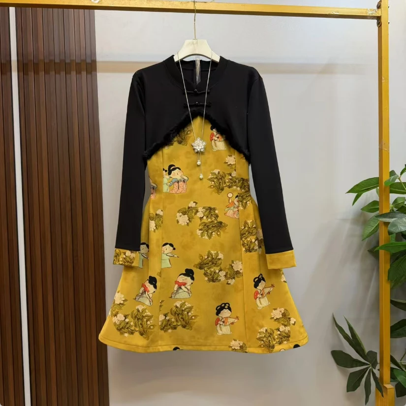 新款大码女装时尚洋气复古雅致新中式小立领假两件设计显瘦连衣裙