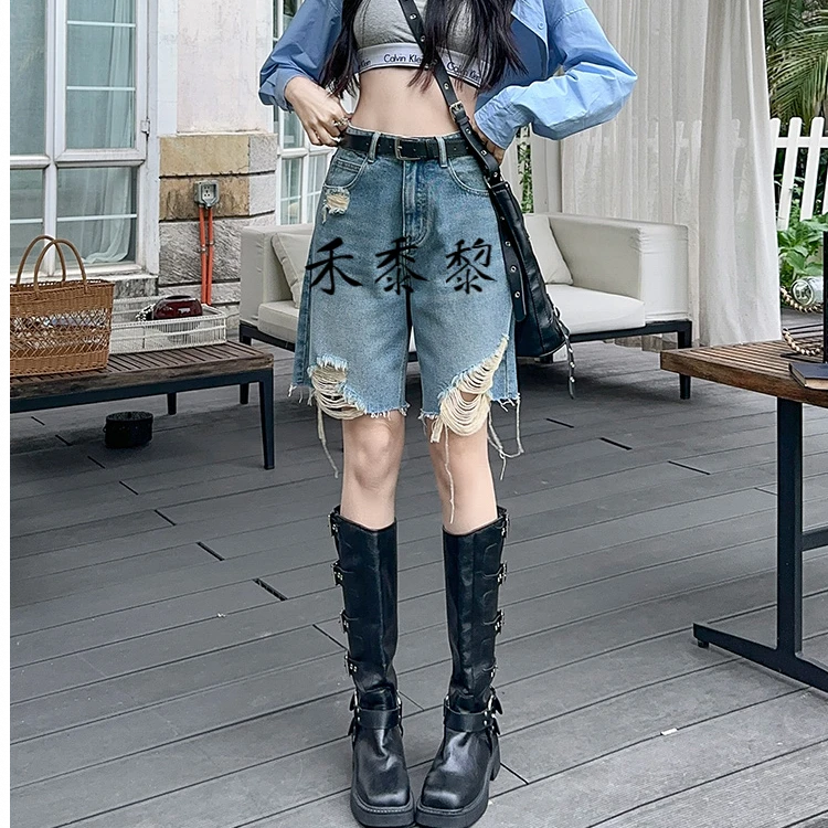 蓝色夏季毛边牛仔短裤女五分裤子新款破洞高腰宽松显瘦中裤