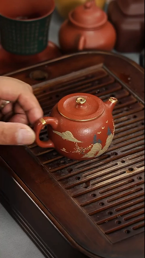 茶壶紫砂宜兴紫砂粗砂朱泥24K描金小苹果100毫升
