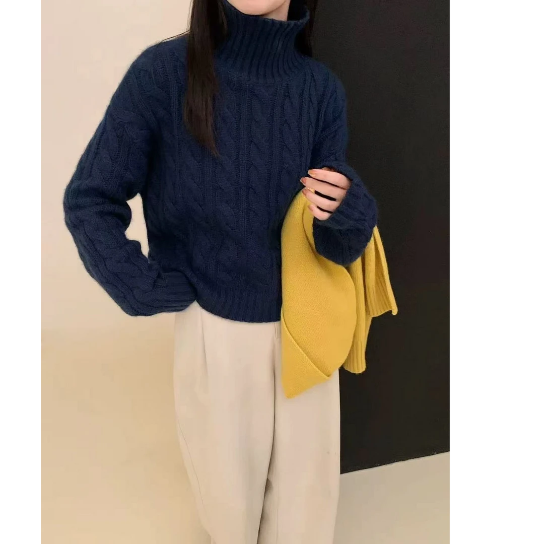 藏青色麻花高领洋气毛衣套头女宽松百搭百搭纯色外套上衣