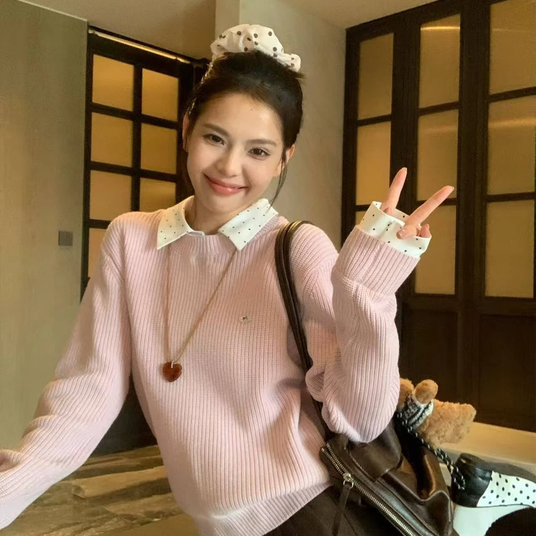 粉色假两件慵懒高级感毛衣女款2025新款秋冬内搭针织衫上衣