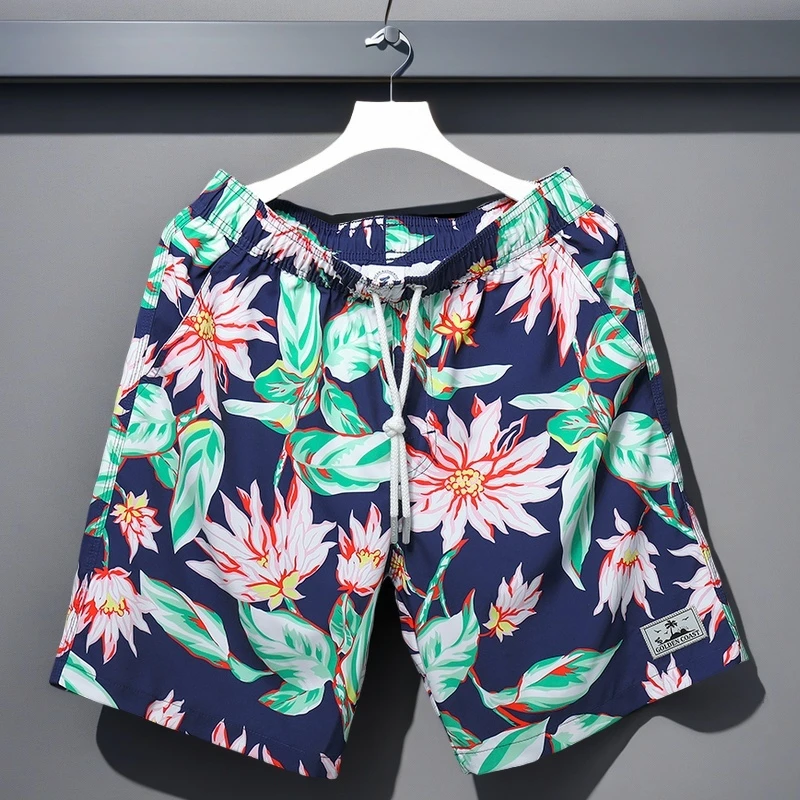 新款速干休闲沙滩裤冰丝海边休闲大裤衩宽松低腰高档印花五分短裤