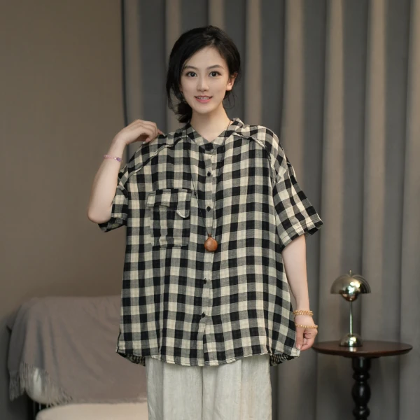 【一恬家】2025年夏款休闲百搭显瘦格子衬衫短袖~