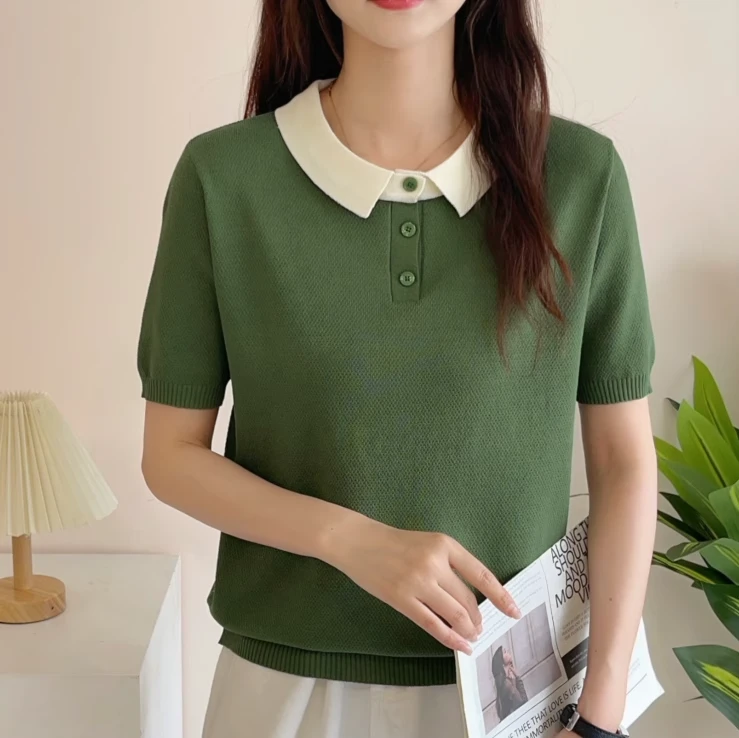 【绿色短袖】夏季POLO衫短袖显瘦时尚精致方领针织衫百搭气质