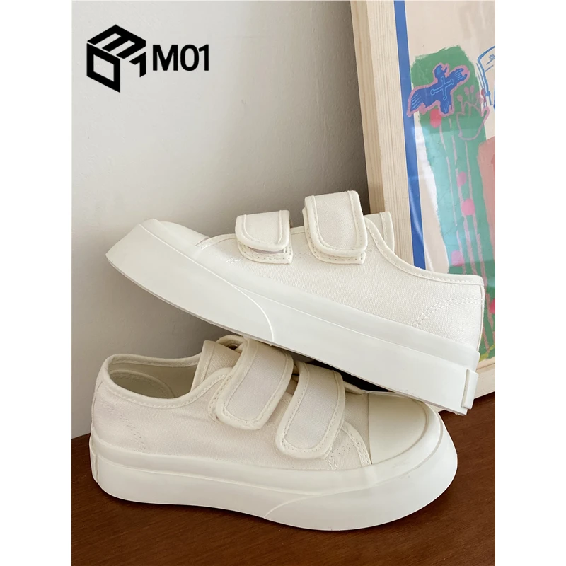 M01魔术贴小白鞋女2025夏季时尚新款透气增高厚底百搭白色帆布鞋