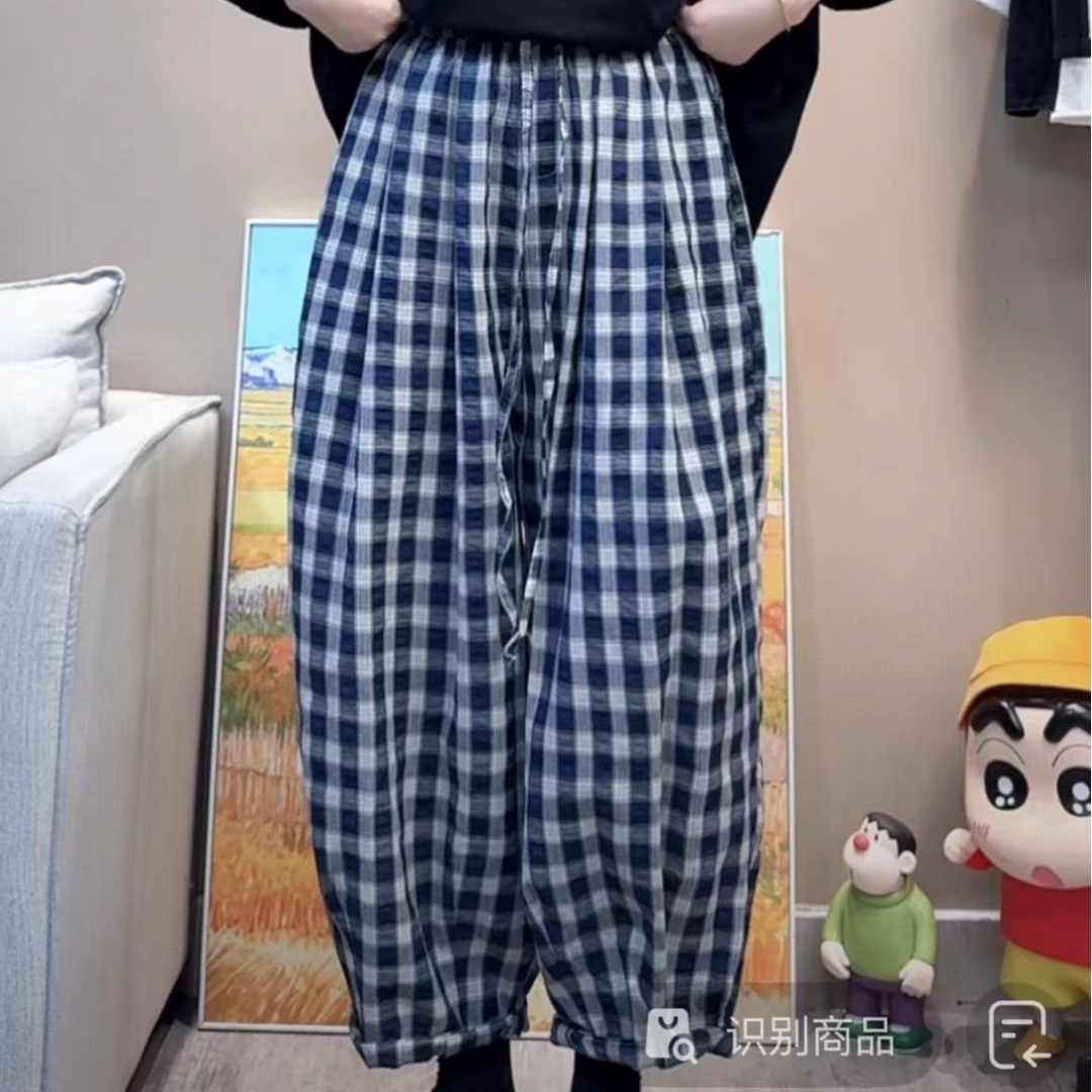 薄款泡泡棉格子老爹裤女宽松