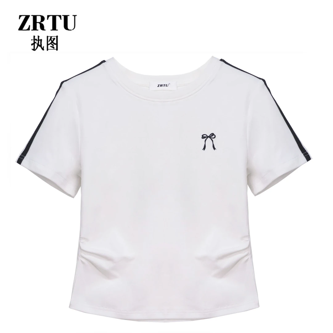 2024（自播）新款短款两边褶皱蝴蝶结短袖T恤女条纹上衣