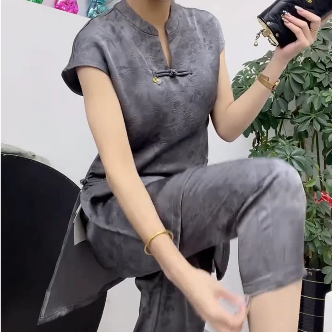 夏季新中式提花立领衬衫与小脚裤时尚套装短袖显瘦气质网红休闲