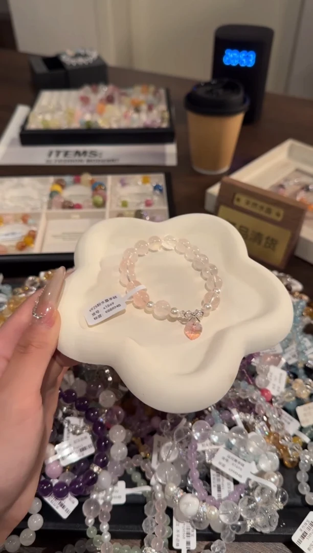 水晶手链银S925镶嵌粉水晶x1869