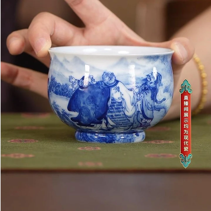 【小乔赏瓷】景德镇手工手绘画堂春虎溪三笑炉式杯（九字）htc286