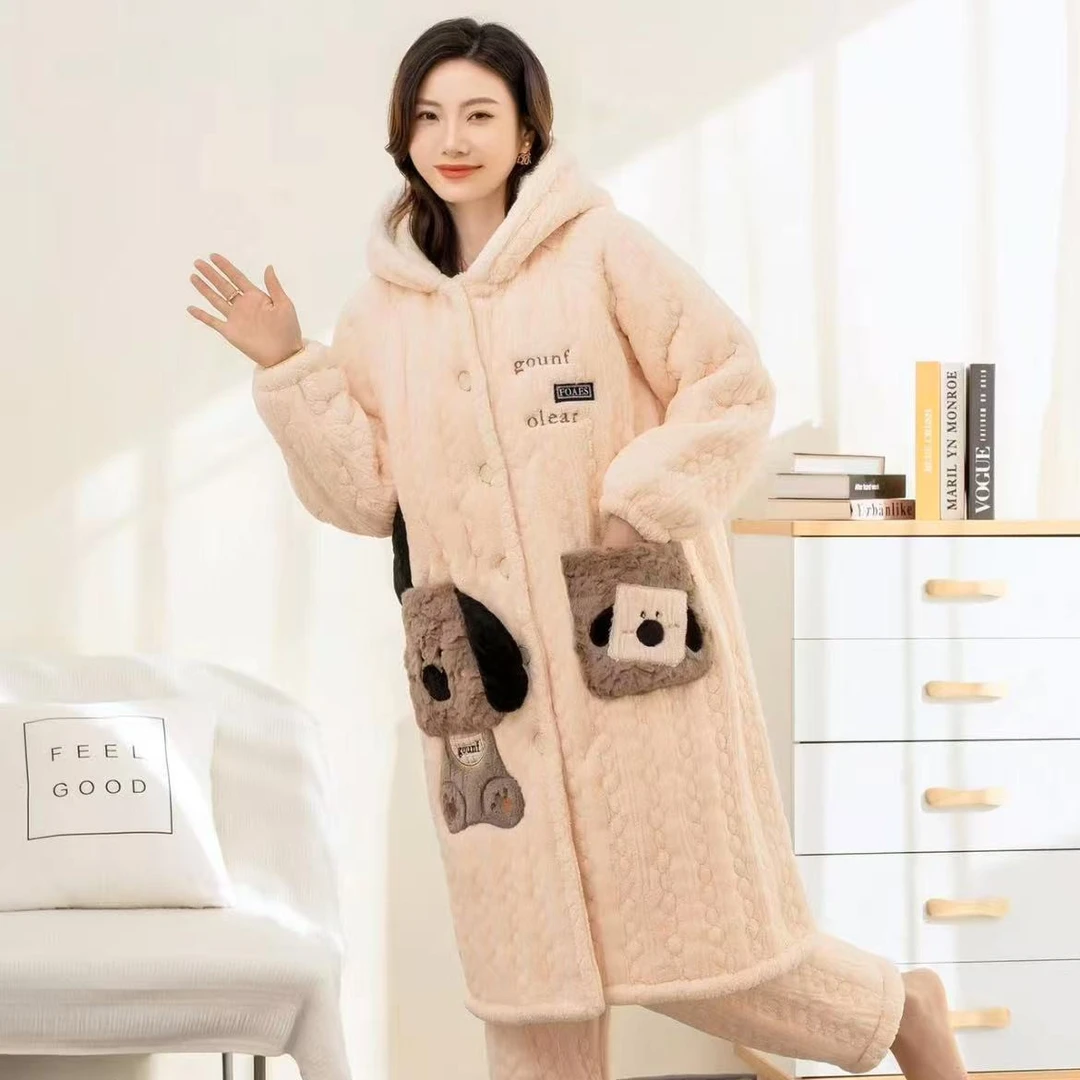 三层夹棉水貂绒家居服套装情侣款中长款孕妇睡衣冬季加厚加绒