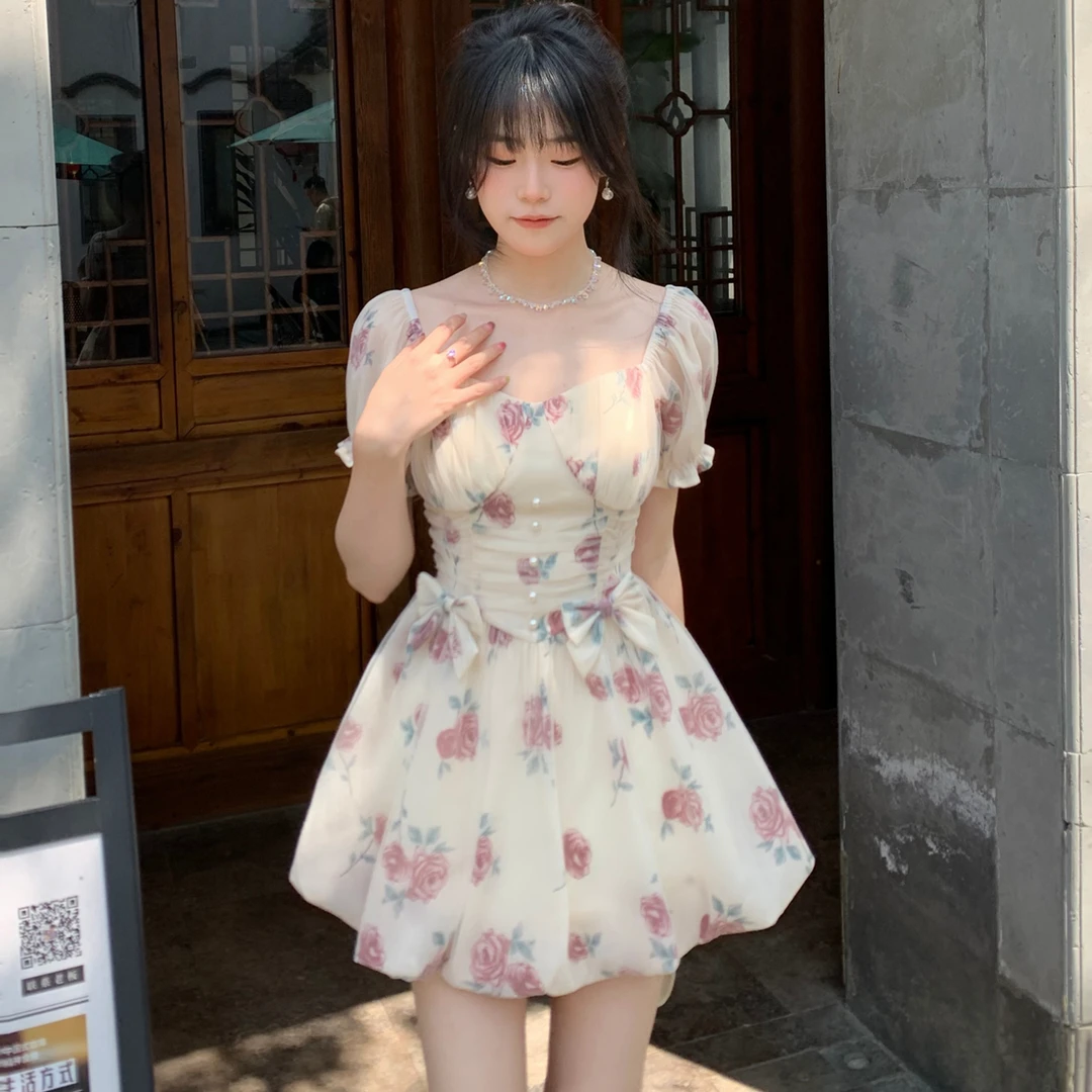 Blovelan花芸蔷薇啊 甜美印花网纱蝴蝶结花苞公主裙连衣裙夏季