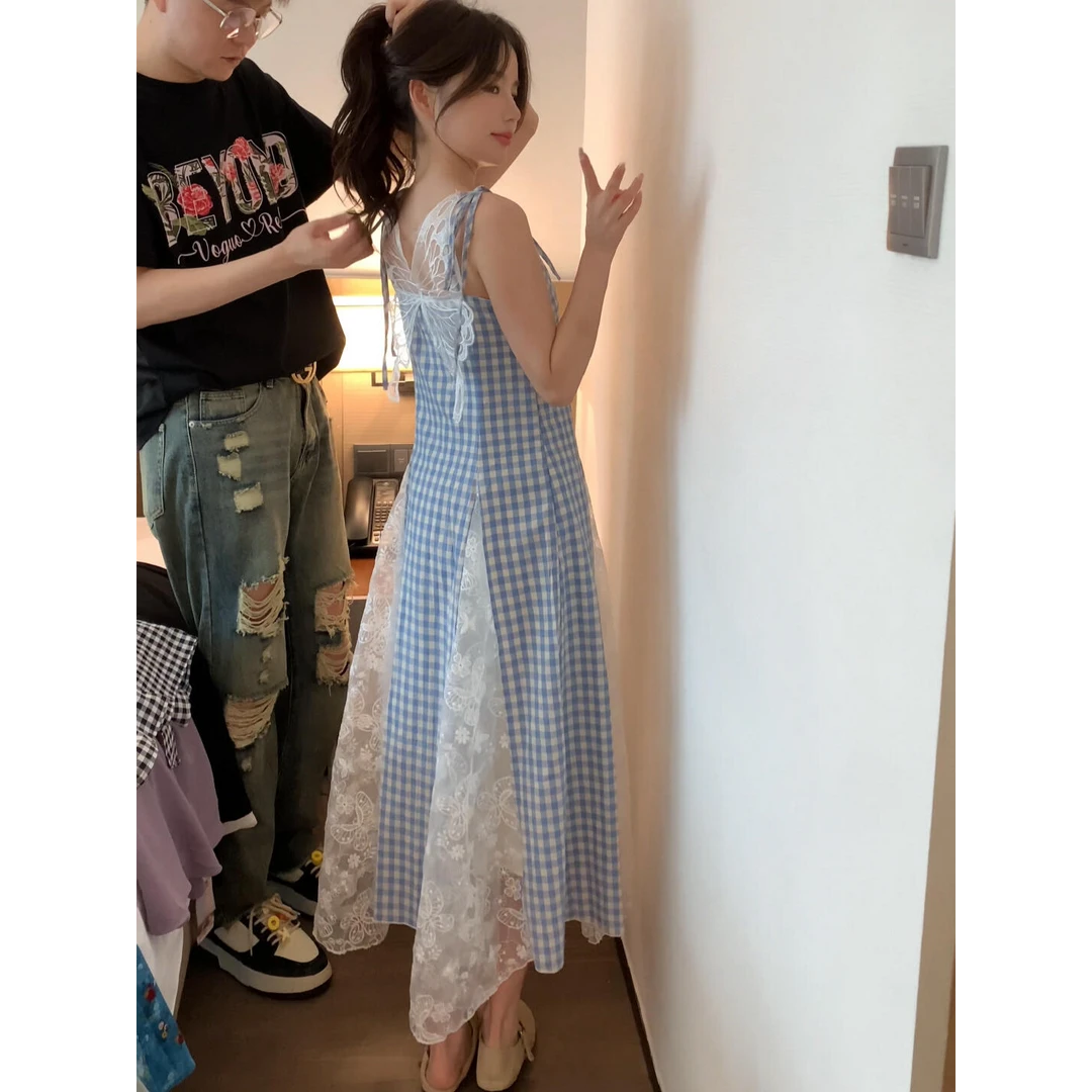 2025夏季新款时尚气质小众设计感度假风蕾丝拼接吊带长款连衣裙女