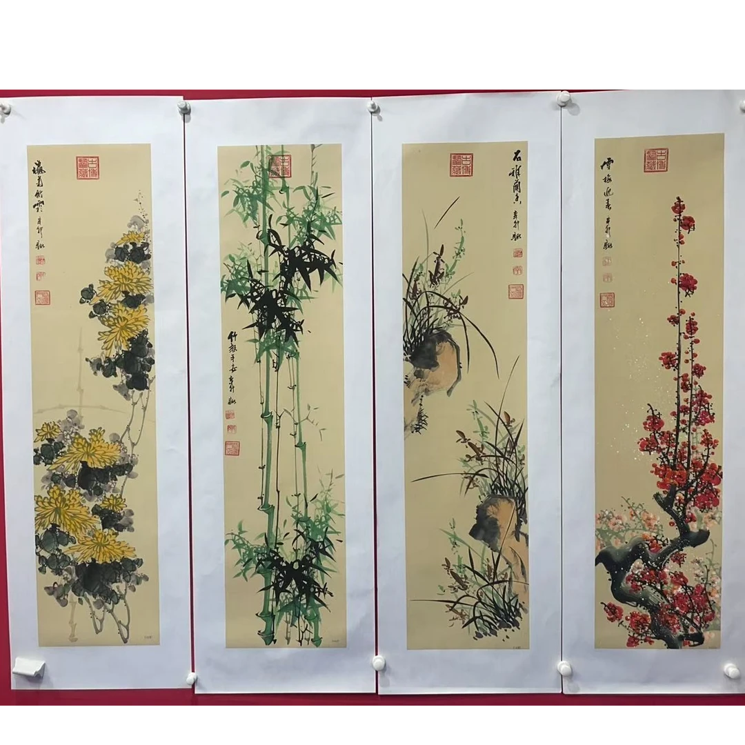 李新社手绘宣纸-梅兰竹菊花鸟四条屏-花鸟画