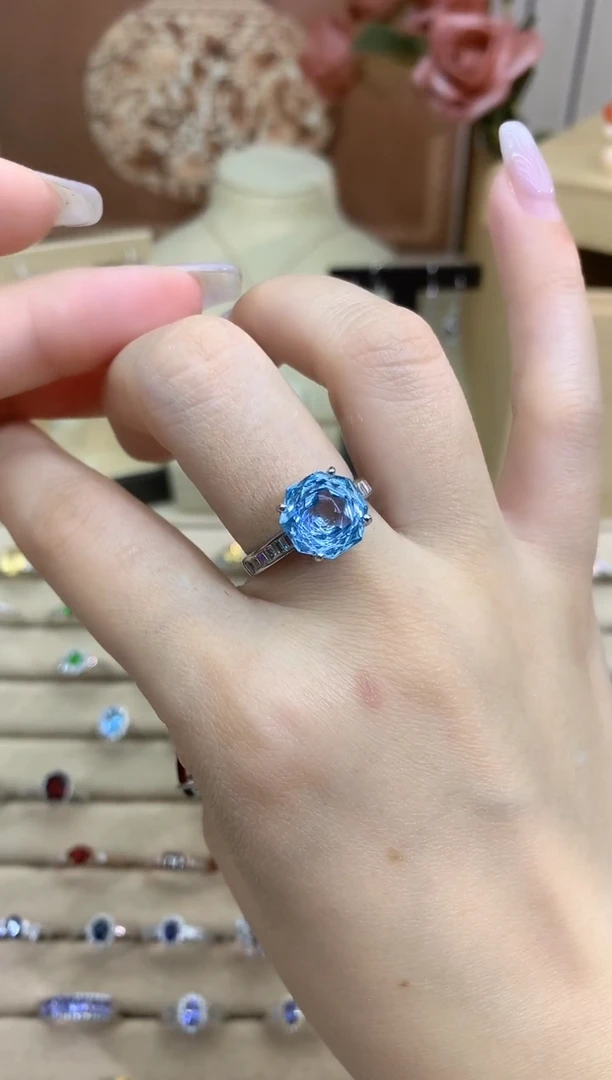 银S925镶嵌戒指托帕石玫瑰花切