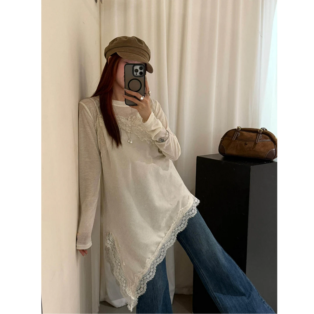 设计感蕾丝花边长袖打底衫叠穿不规则吊带蕾丝裙两件套26635