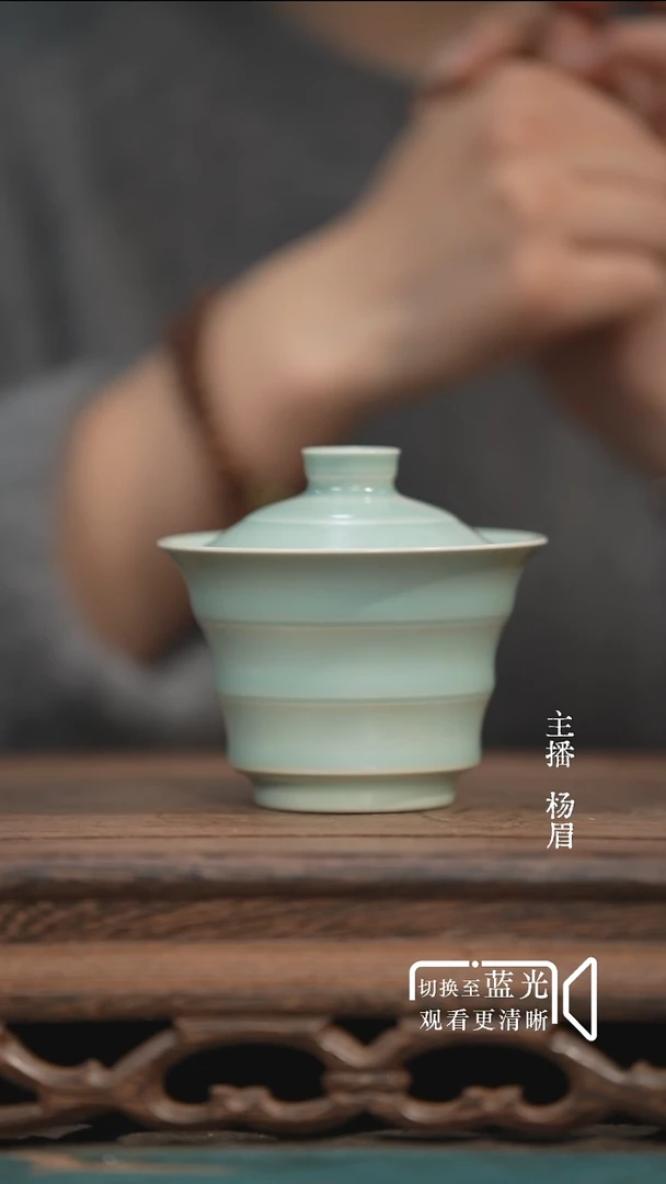 竹节两才盖碗-侯全力天青釉（手签）眉