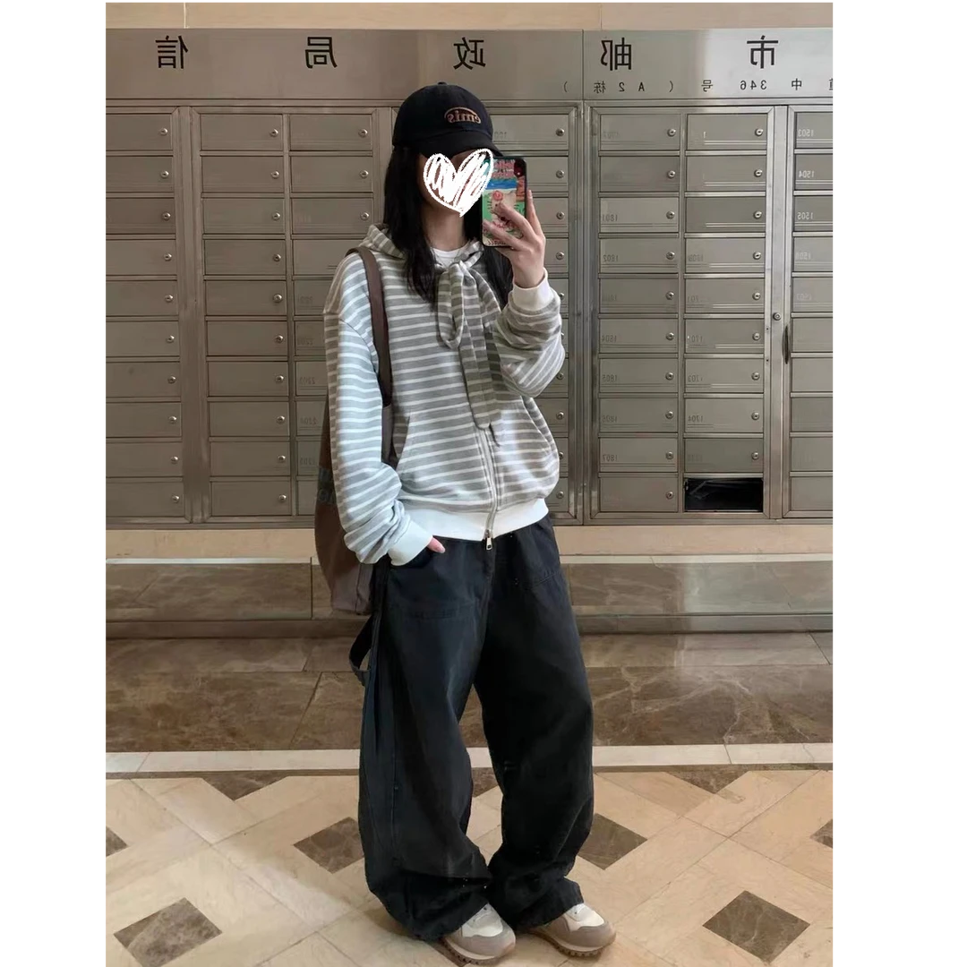 小众设计感绑带条纹松弛慵懒感连帽拉链卫衣外套   82027