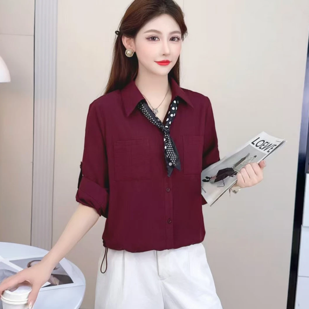 韩版时尚秋季休闲百搭长袖衬衫女下摆抽绳设计感洋气配丝巾衬衣