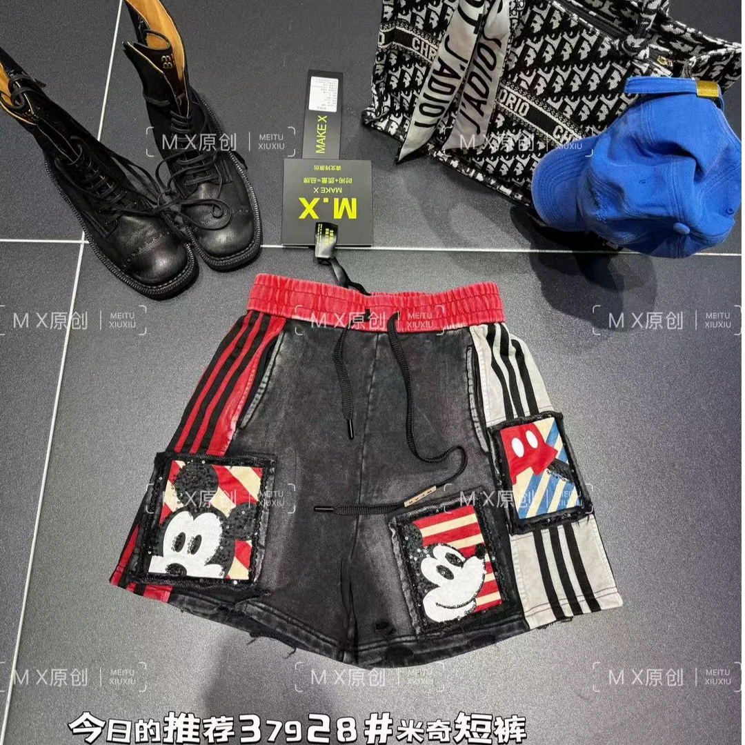 MX欧货2025夏夏新款水洗棉松紧腰阔腿烫钻百搭休闲短裤热裤37928